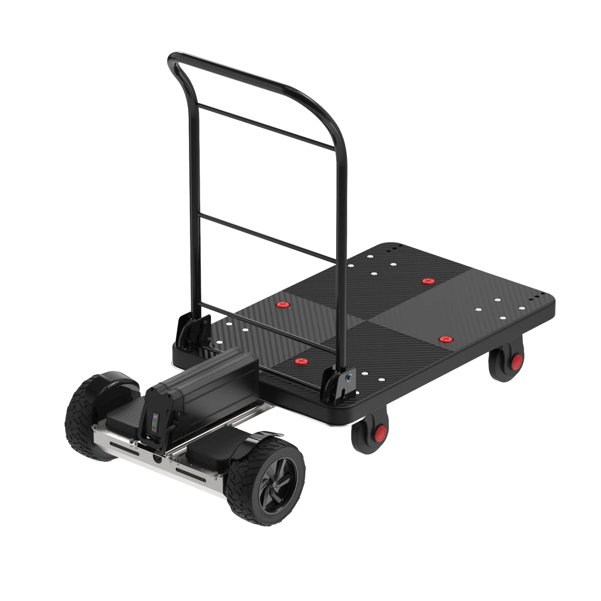Chariot de manutention électrique noir à 6 roues avec plateforme
