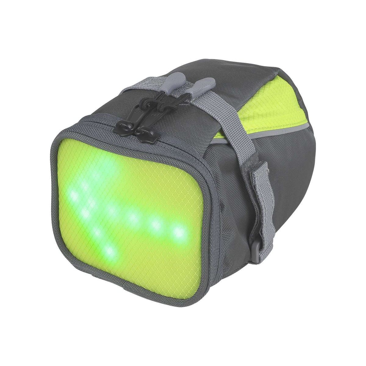 Sacoche de selle grise et jaune fluo avec affichage LED clignotant vert