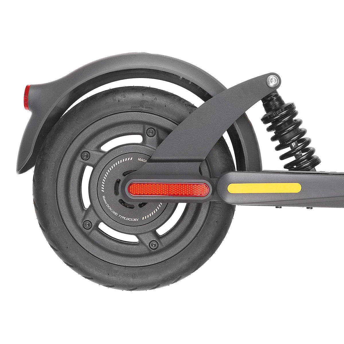 Suspension arrière noire montée sur une roue de trottinette électrique