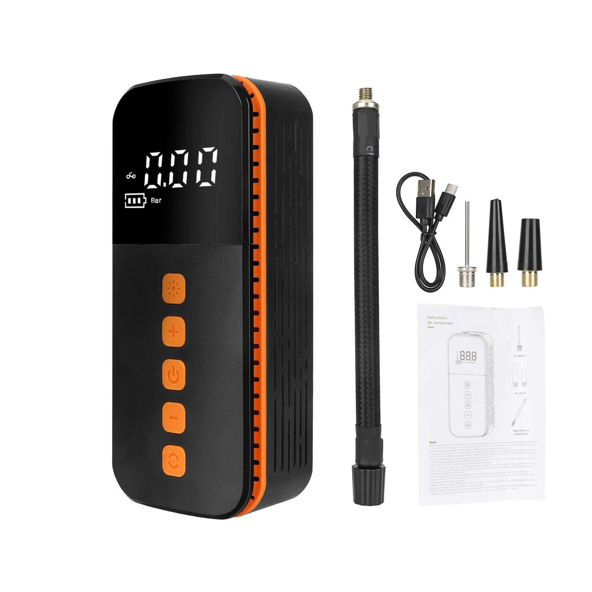 Pompe à air électrique portable noire et orange avec écran LCD et ses accessoires de gonflage