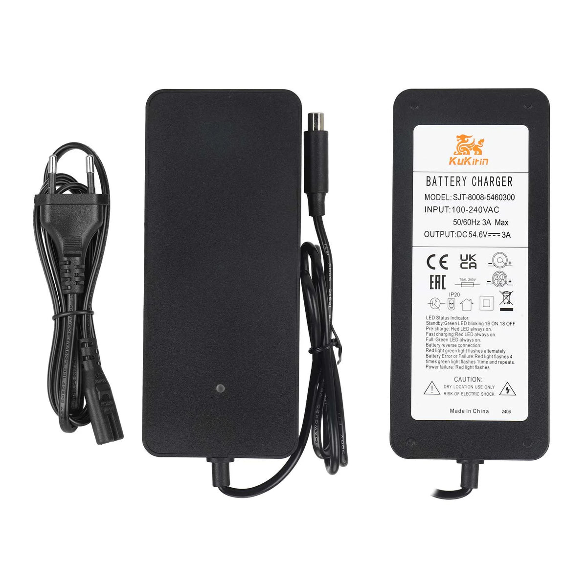 Chargeur de batterie noir 54,6V 3A avec son câble secteur et connecteur de charge
