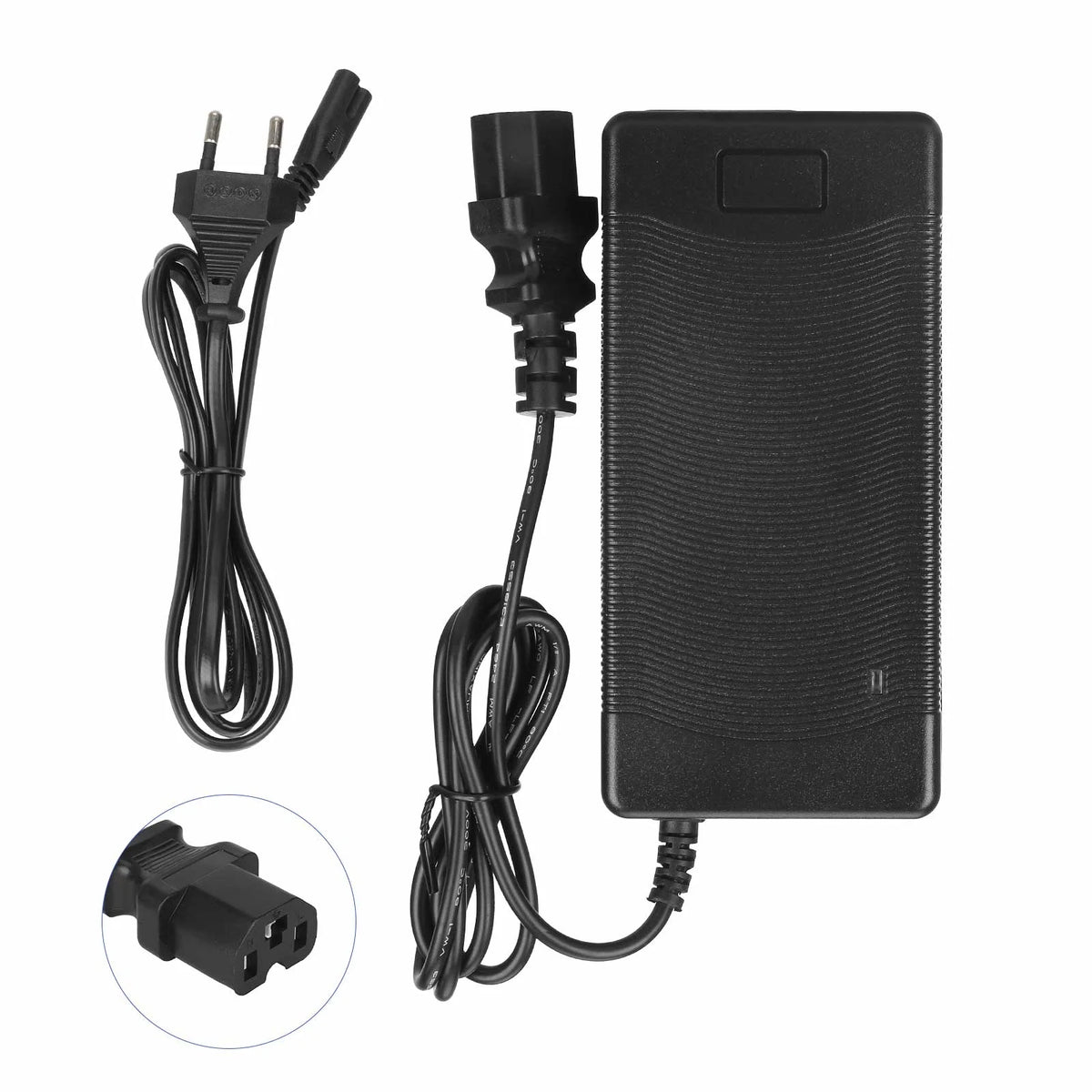 Chargeur de trottinette électrique 54,6V 2A noir avec connecteur 3 broches et câble d'alimentation UE