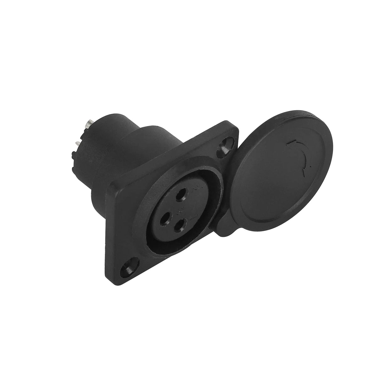 Port de charge XLR 3 broches noir avec cache de protection ouvert