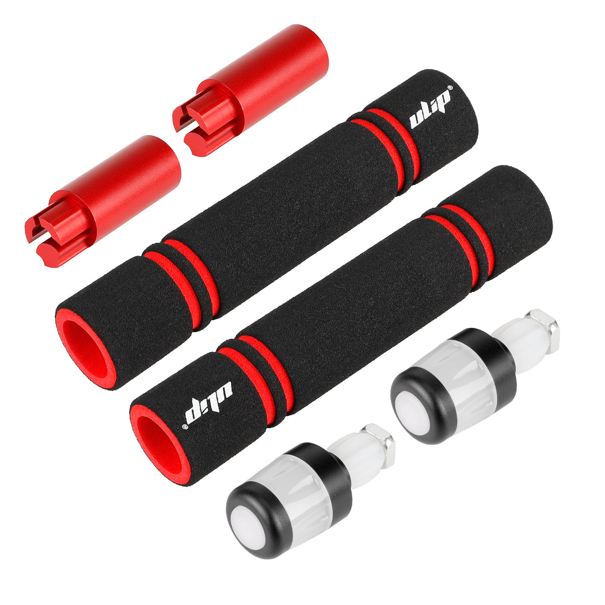 Pair de poignées de guidon noires et rouges avec leurs rallonges et embouts clignotants