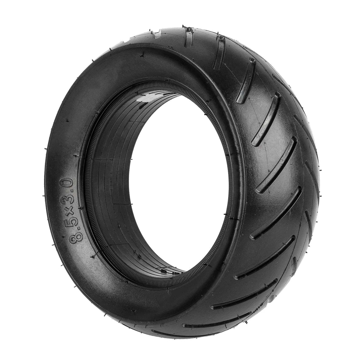 Pneu plein noir 8,5x3,0 pour trottinette électrique vu de trois-quarts