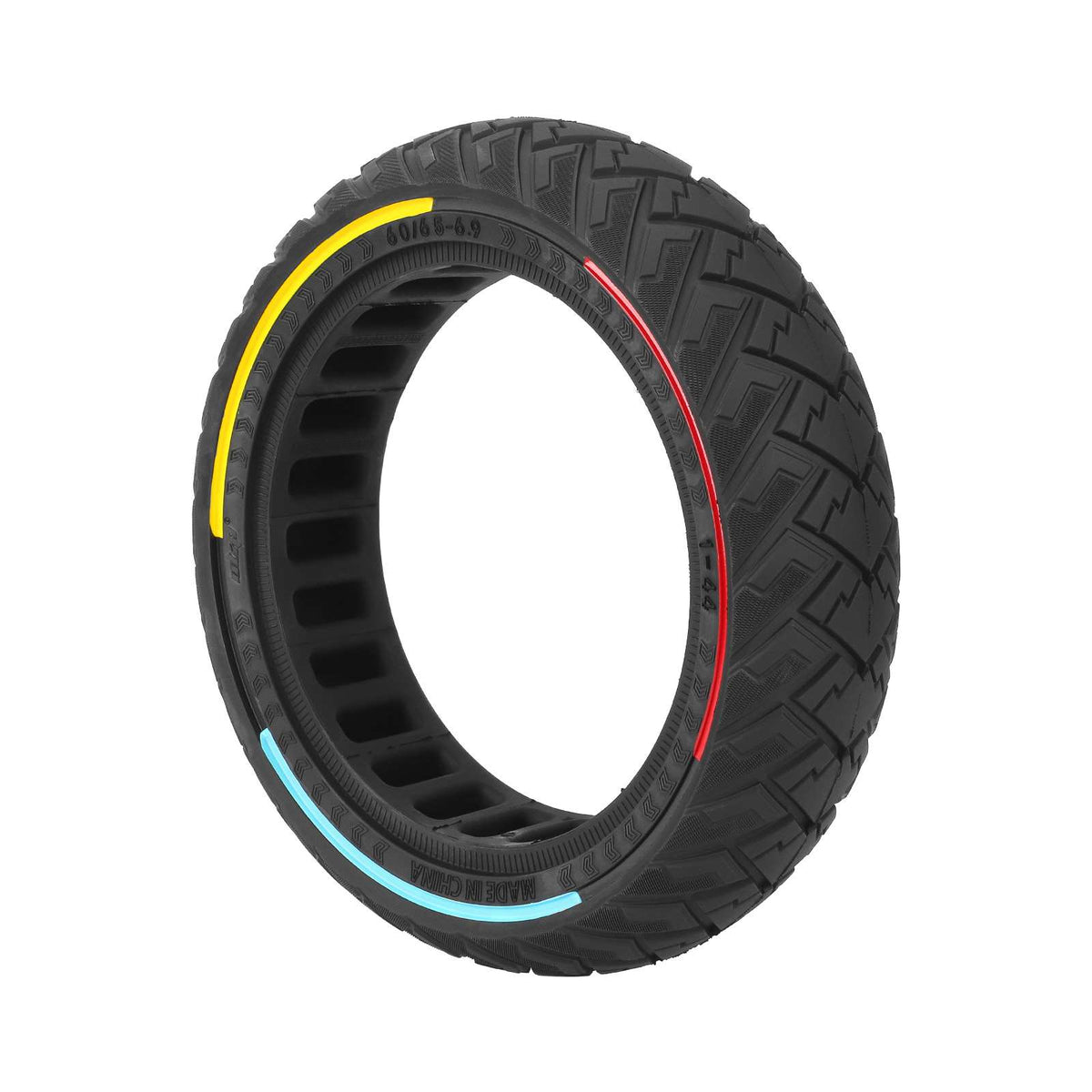 Pneu plein tout-terrain 10 pouces noir avec cercle tricolore vu de trois quarts