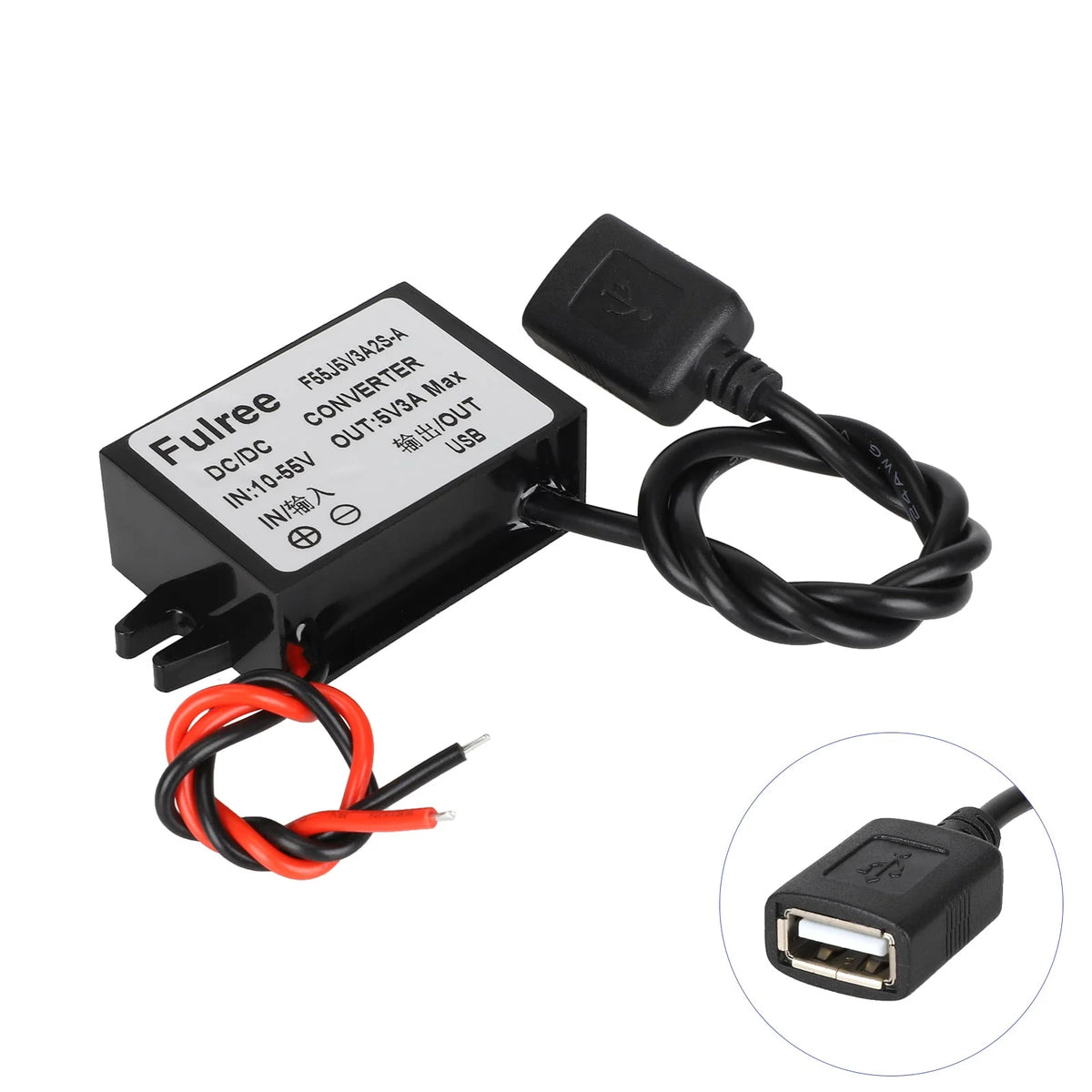 Convertisseur de tension DC-DC 10-55V vers 5V 3A noir avec câble et prise USB