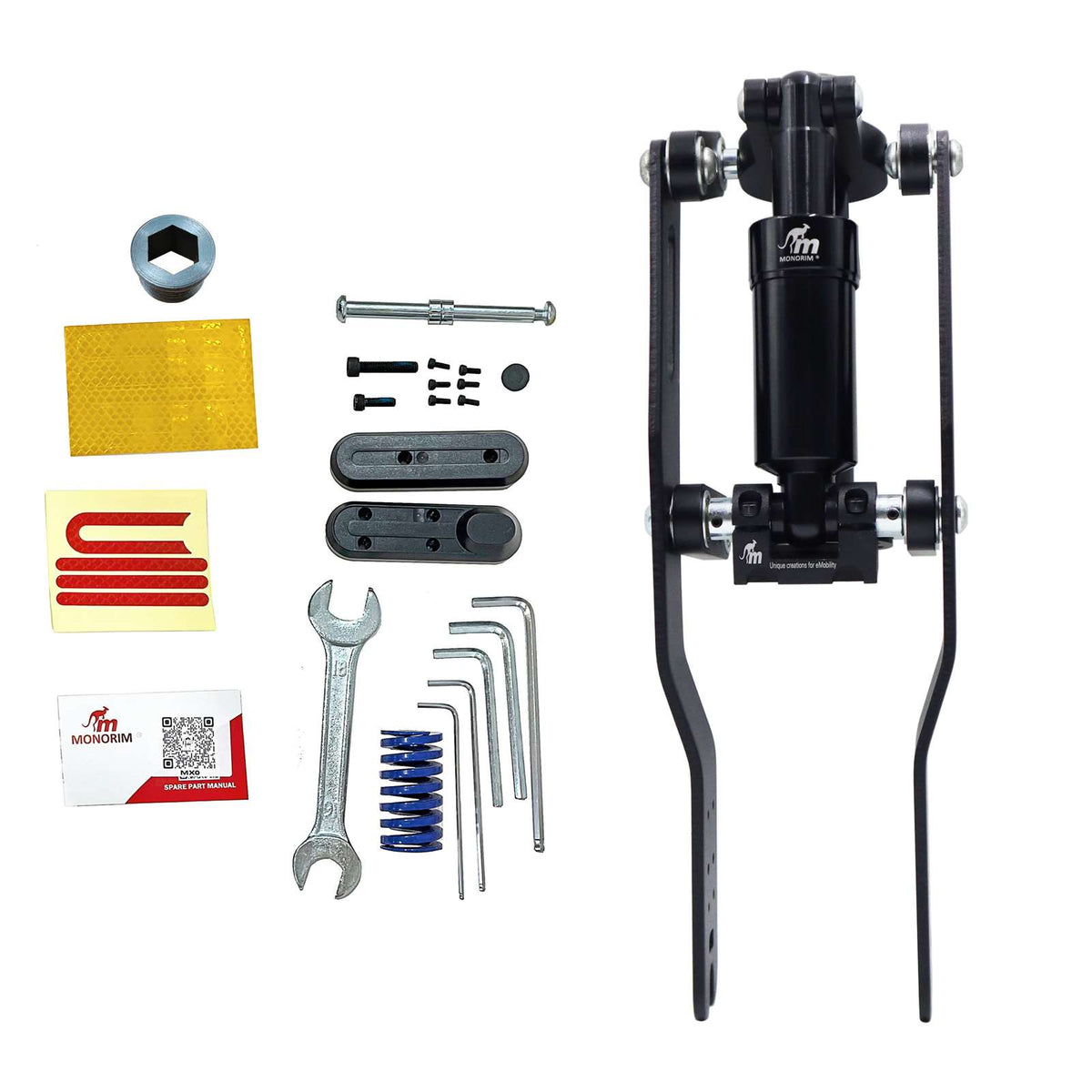 Kit de suspension avant Monorim noire avec ses accessoires et outils d'installation