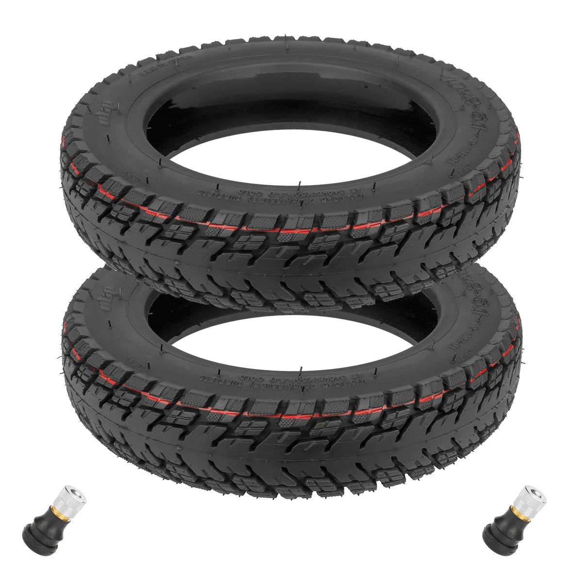 Deux pneus tubeless tout-terrain 10 pouces noirs avec leurs valves