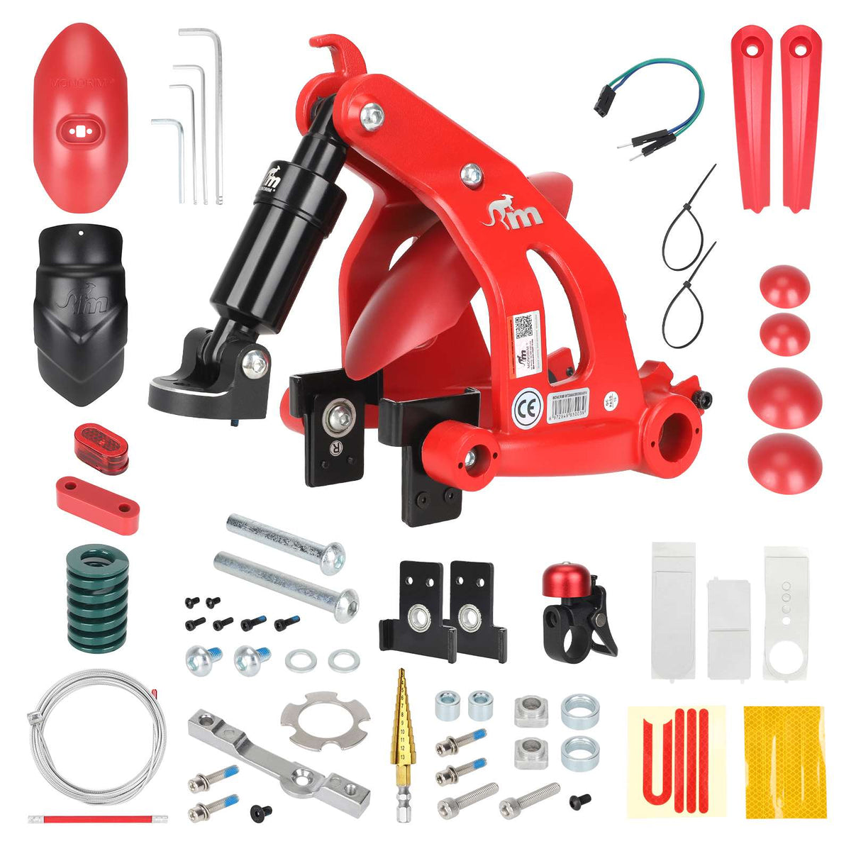 Kit de suspension arrière Monorim rouge et noir avec ses accessoires de montage pour trottinette électrique