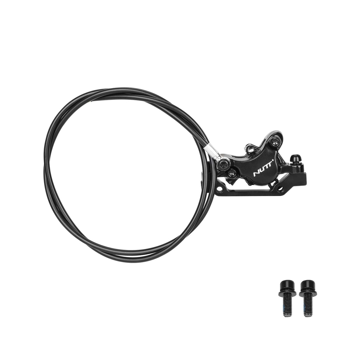 Étrier de frein hydraulique gauche NUTT noir avec sa durite de 1070 mm et vis de fixation sur fond blanc