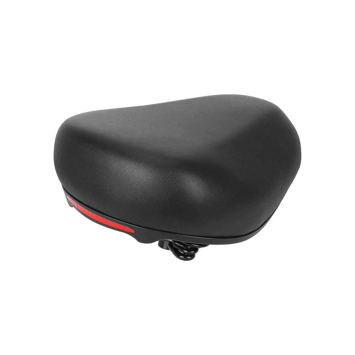 Selle rembourrée noire avec détails rouges vue de trois quarts