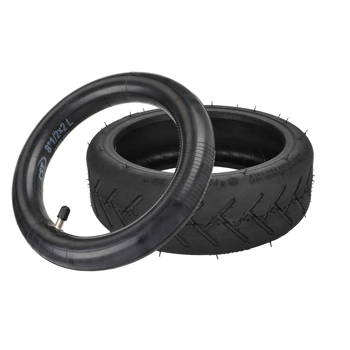 Pneu 8,5 pouces CST noir et sa chambre à air posés à plat