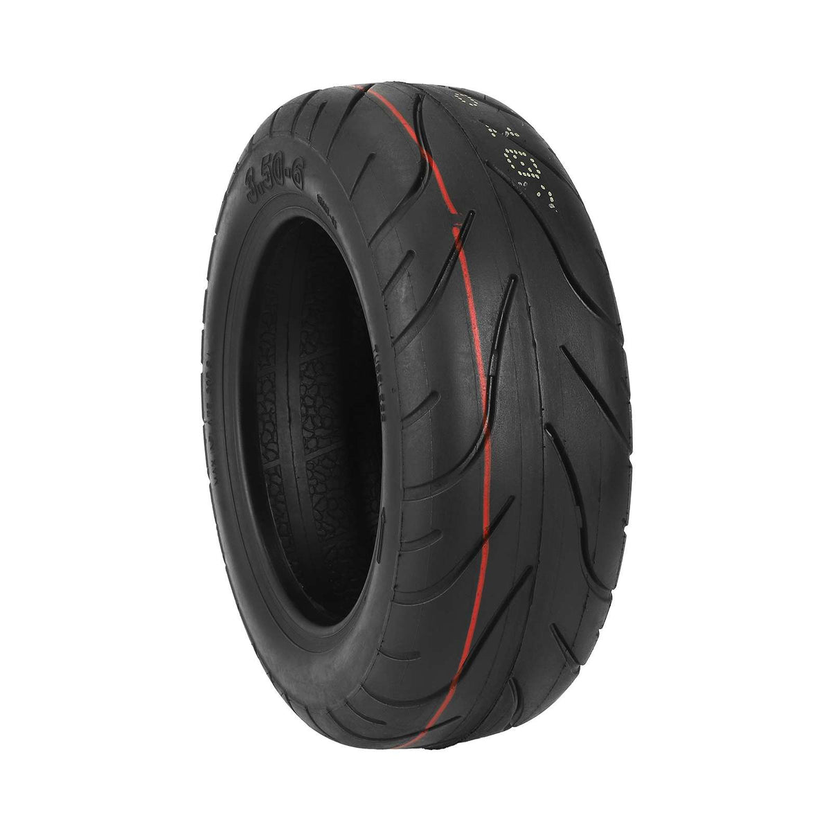 Pneu tubeless route 10 pouces noir avec liseré rouge pour trottinette électrique vu de trois quarts