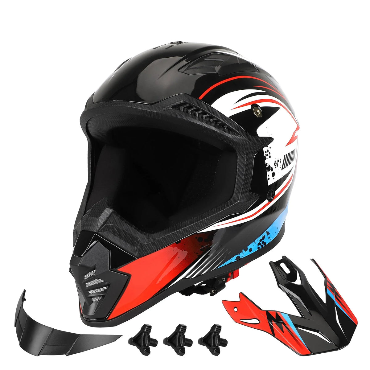 Casque intégral cross tout-terrain noir et rouge avec visière et accessoires démontables