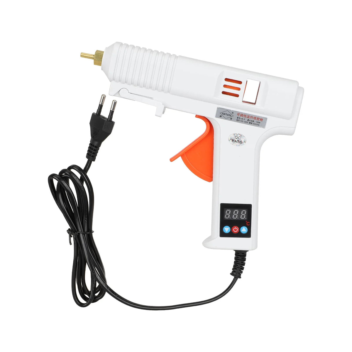 Pistolet à colle chaude blanc et orange 120W avec affichage numérique et prise secteur