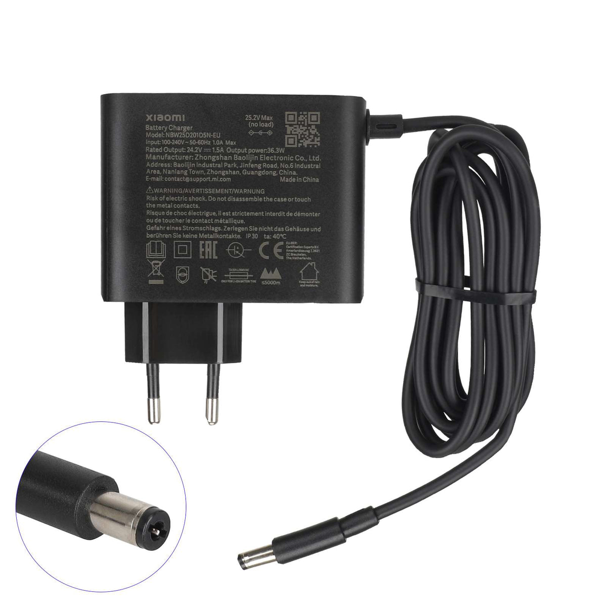 Chargeur d'origine noir 24,2V 1,5A avec prise EU et connecteur DC 2,1 mm