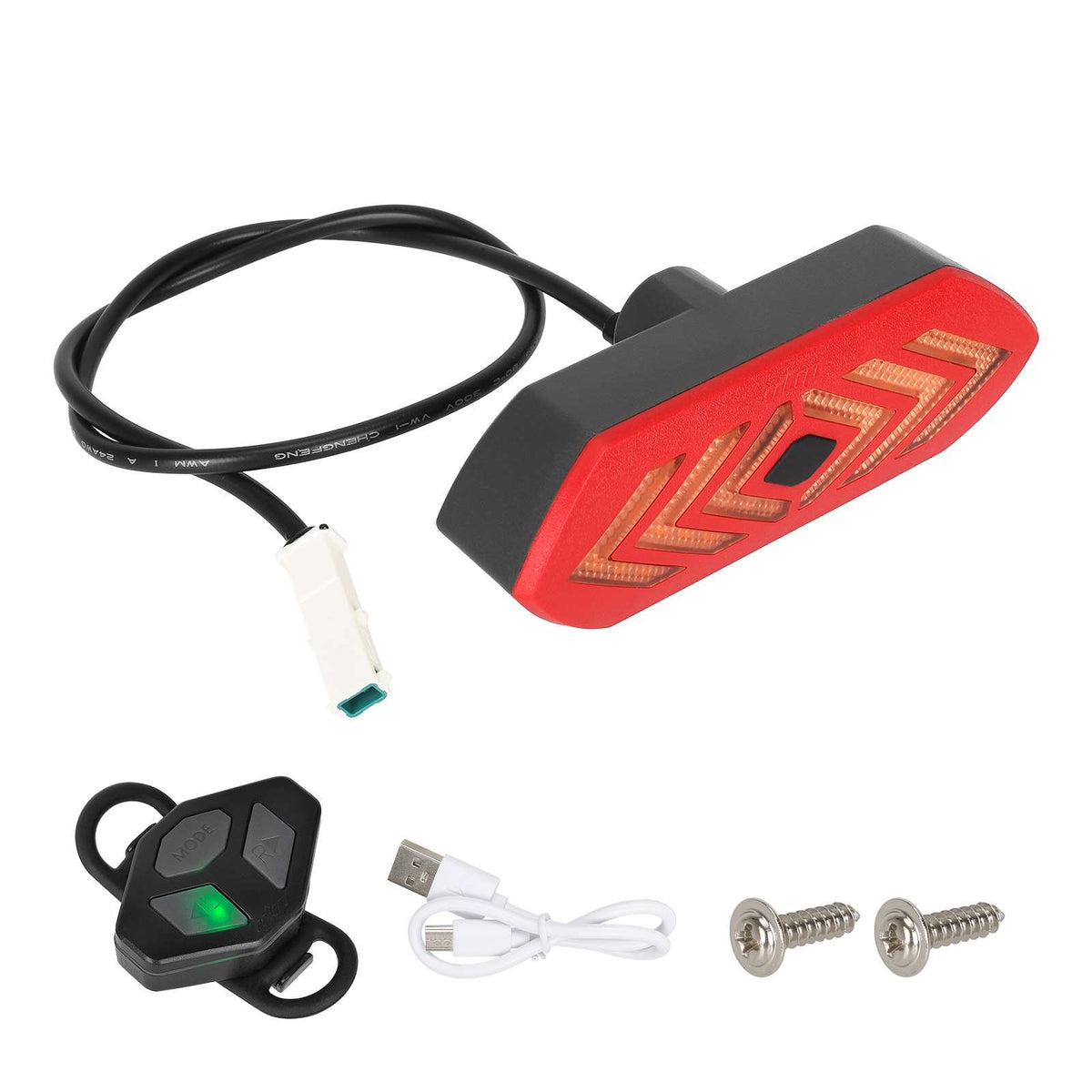 Feu arrière clignotant rouge et noir avec sa télécommande sans fil, son câble USB et ses vis de fixation