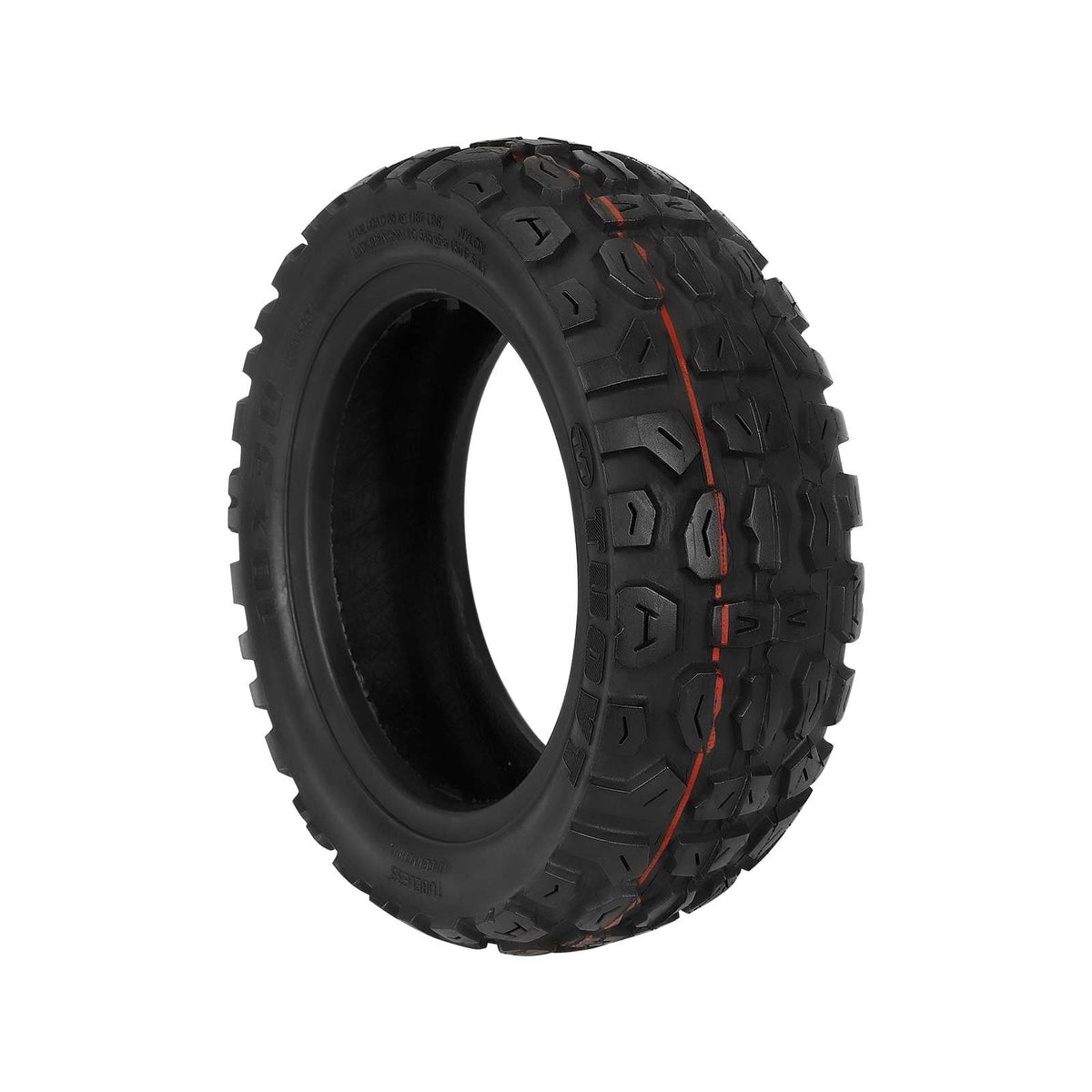 Pneu tubeless tout-terrain Tuovt 10 pouces noir vu en trois quarts avec liseré rouge