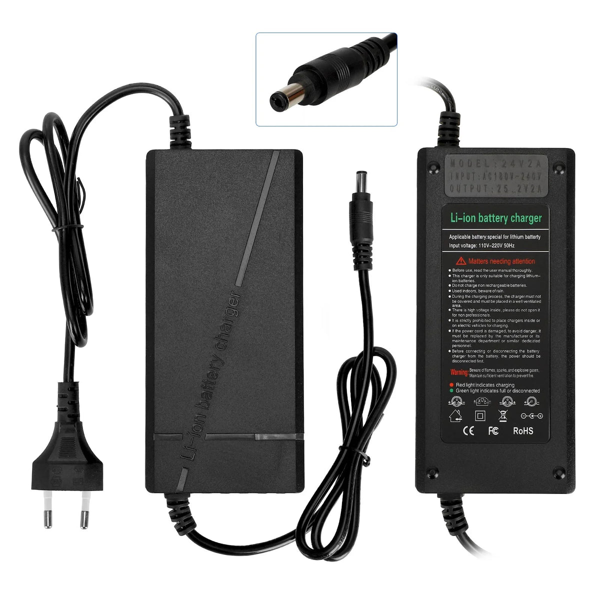Chargeur 25,2V 2A avec prise DC 2,1 mm et câble d'alimentation