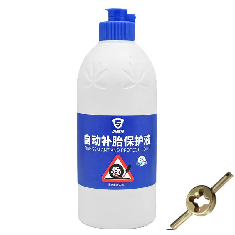 Bouteille de 500ml de liquide anti-crevaison avec un outil démonte-obus de valve