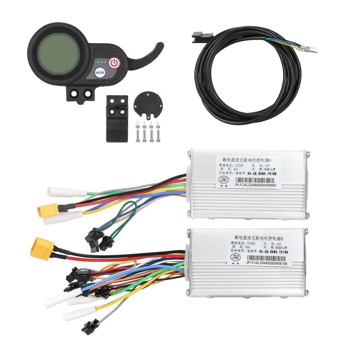 Kit complet comprenant deux contrôleurs 52V 25A, un afficheur LCD avec gâchette et le câblage de connexion