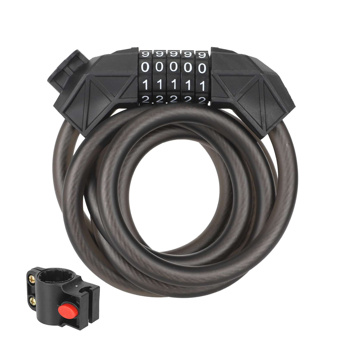 Antivol câble à code 5 chiffres noir avec son support de fixation