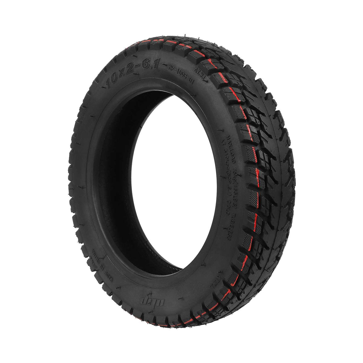 Pneu tubeless tout-terrain 10 pouces noir avec motifs rouges vu de trois-quarts