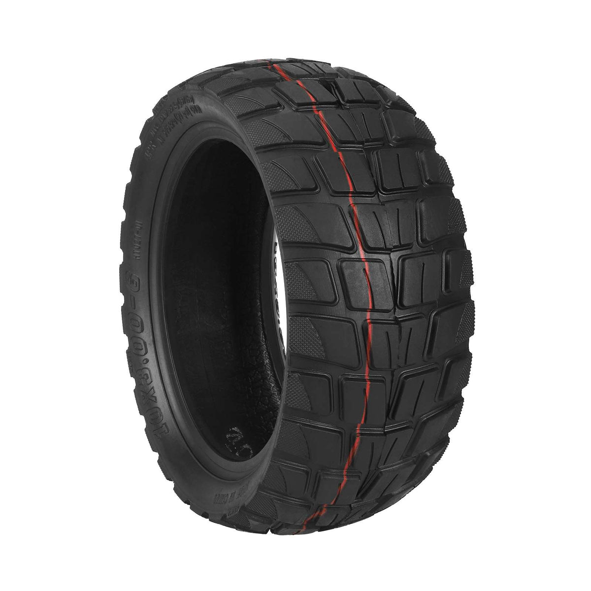Pneu tubeless tout-terrain 10 pouces noir avec liseré rouge vu de trois-quarts
