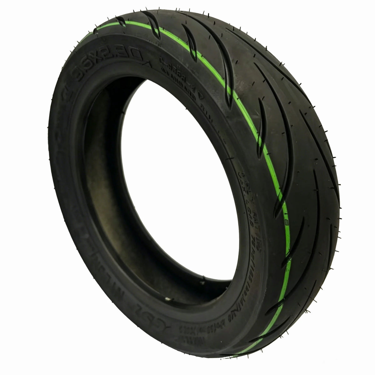 Pneu tubeless CST 9,5x2,3 noir avec liseré vert vu de trois-quarts