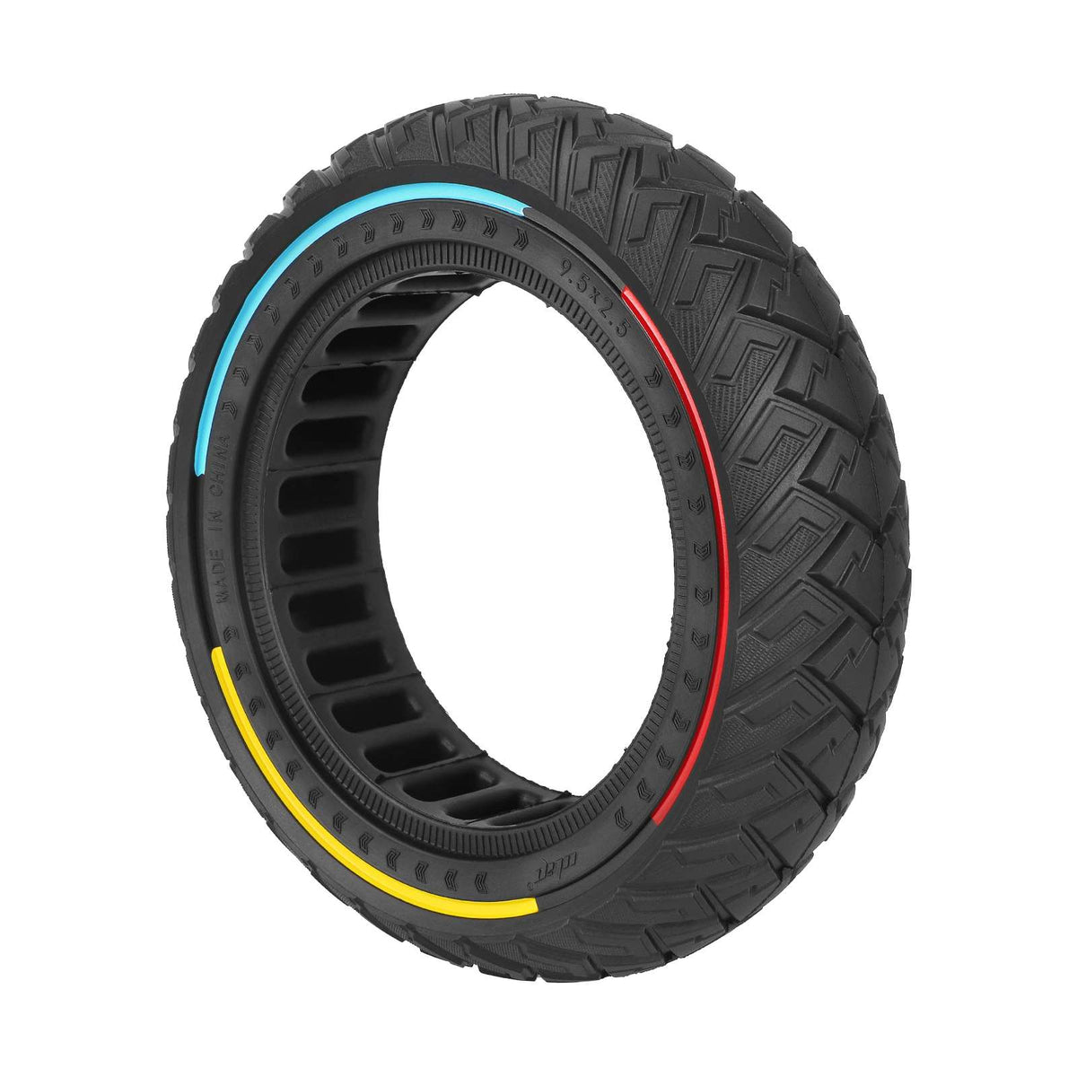 Pneu plein tout-terrain 9,5 pouces avec liseré tricolore vu de trois-quarts