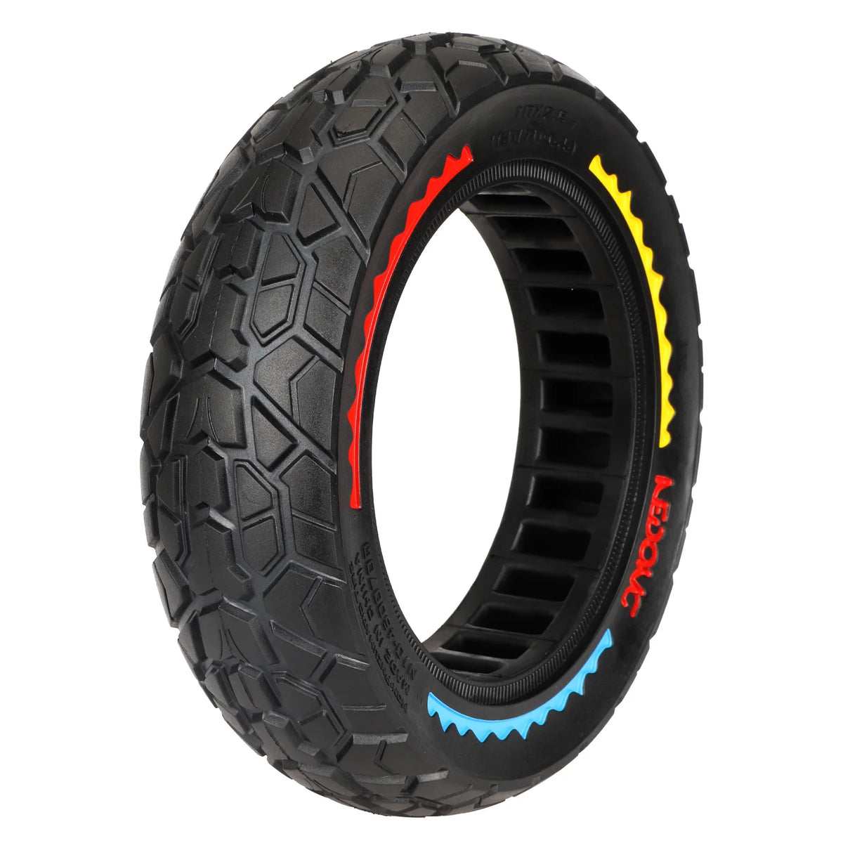 Pneu plein tout-terrain 10 pouces Nedong noir avec motifs tricolores rouge, jaune et bleu sur le flanc