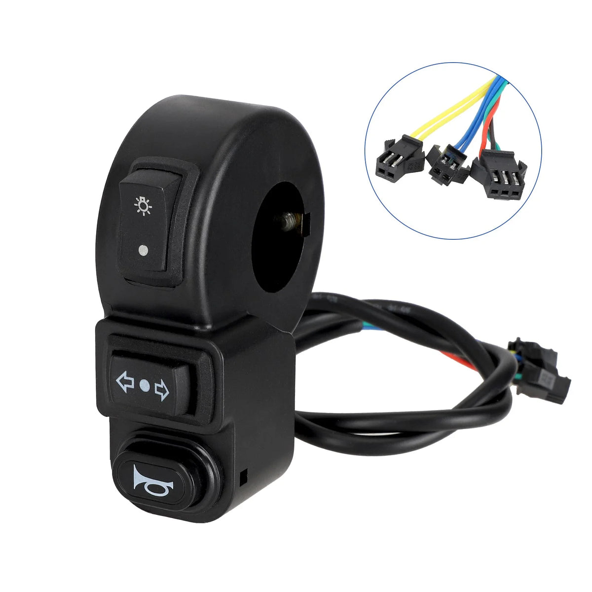 Commodo 3 fonctions noir pour trottinette électrique avec boutons phare, clignotants et klaxon