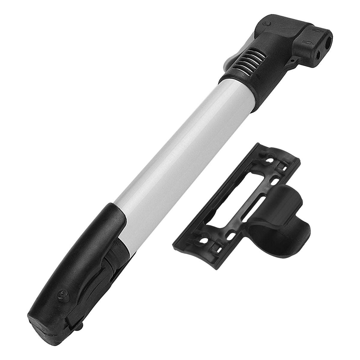 Mini pompe à main portable noire et argentée avec son support de fixation