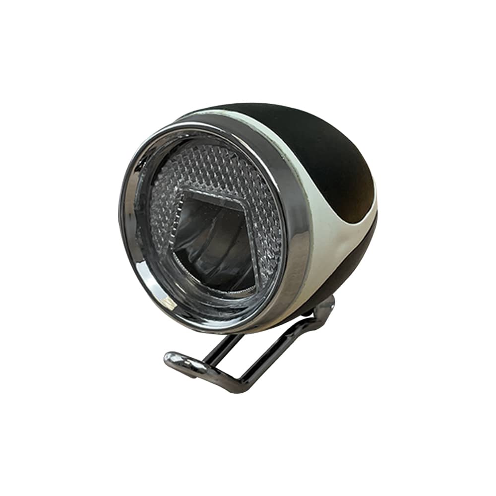 Lampe LED et klaxon avant noir pour trottinette électrique vu de trois-quarts