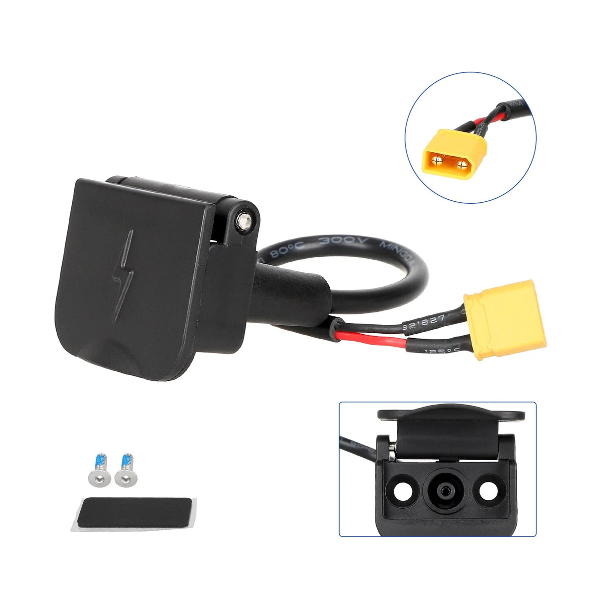 Port de charge d'origine noir avec capot de protection, câbles et connecteur XT30 jaune
