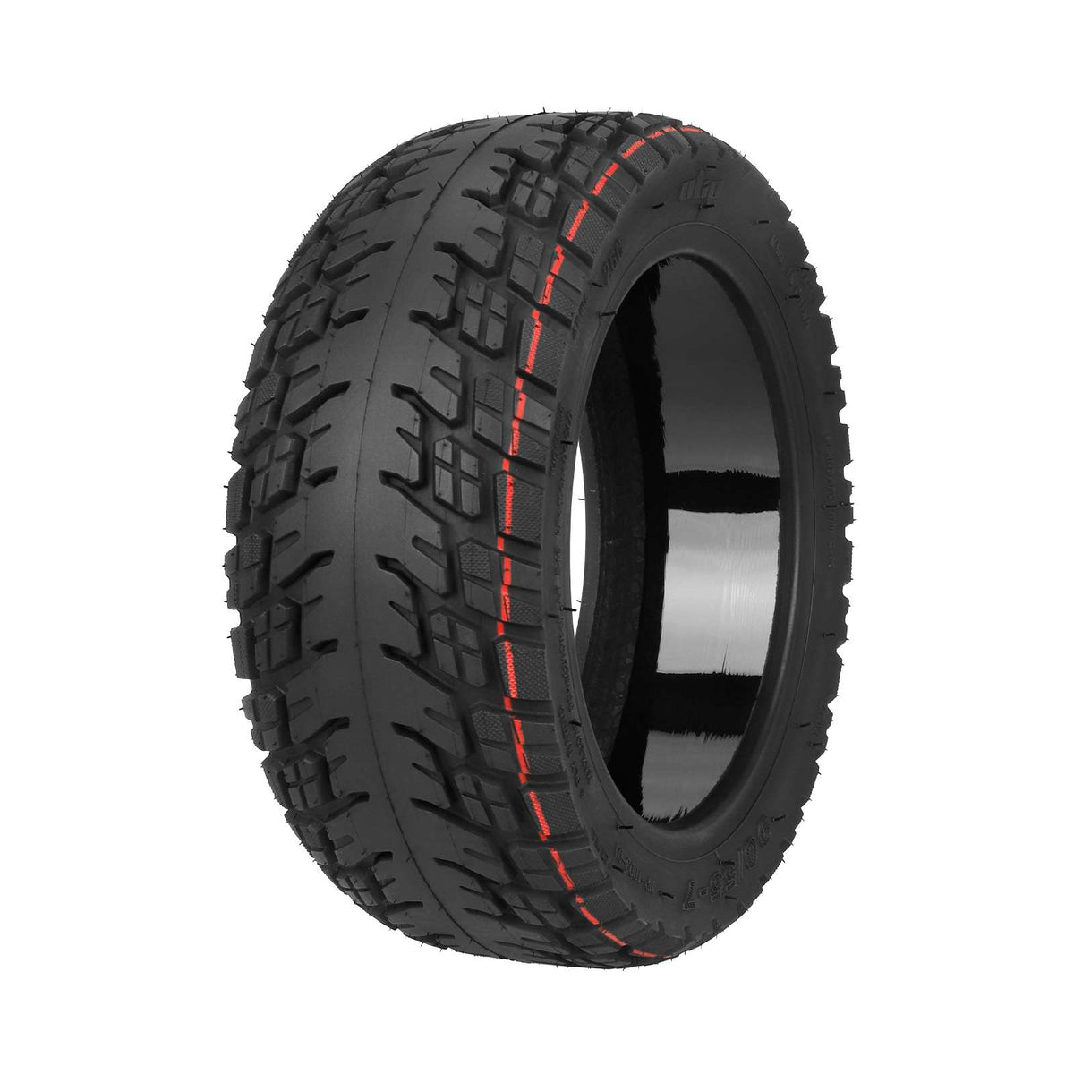 Pneu tubeless tout-terrain 11 pouces noir avec liserés rouges vu de trois-quarts