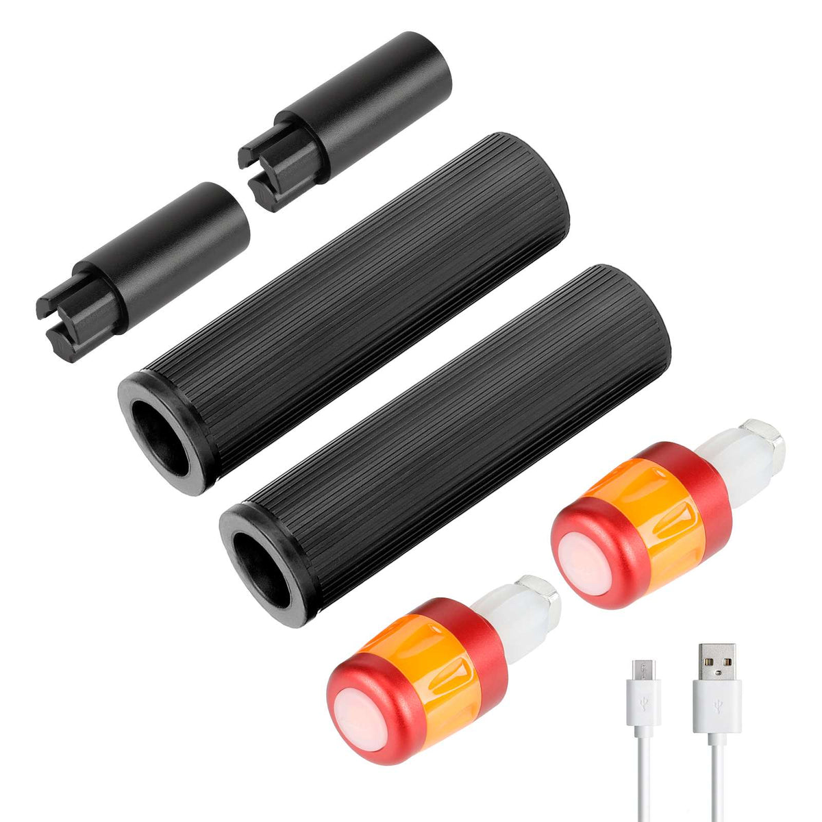 Paire de poignées en silicone noir avec rallonges et clignotants d'embout de guidon rechargeables USB