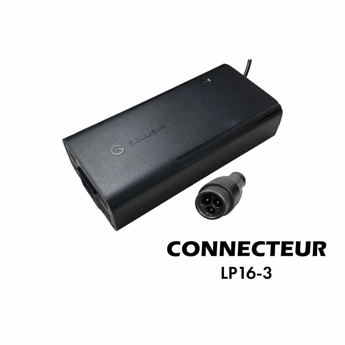 Chargeur noir de trottinette électrique avec son connecteur LP16-3 à trois broches