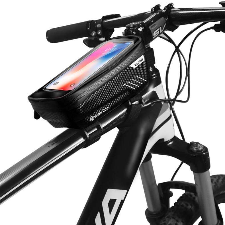 Sacoche support téléphone noire imperméable fixée sur le cadre d'un vélo