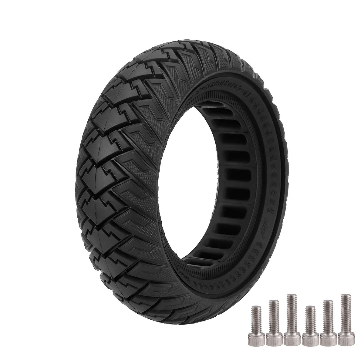 Pneu plein tout-terrain 10 pouces noir avec vis de fixation vu de trois-quarts