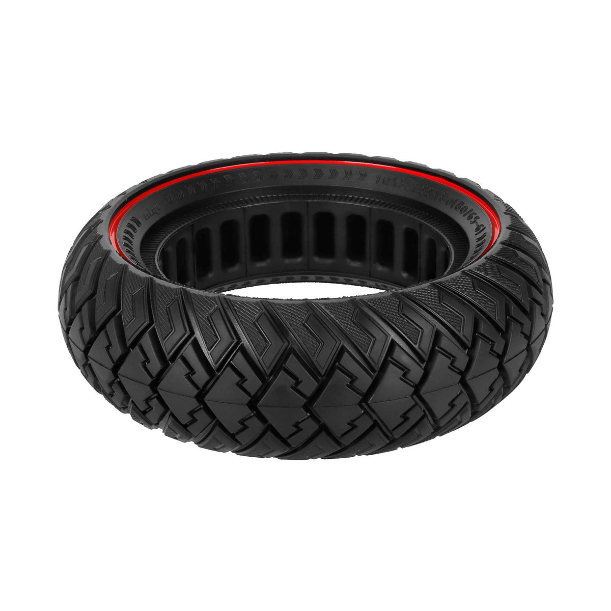 Pneu Plein Tout-Terrain 10 Pouces (10x3 - 80/65-6 - 255x80) Liseré Rouge avec Vis, vue 3