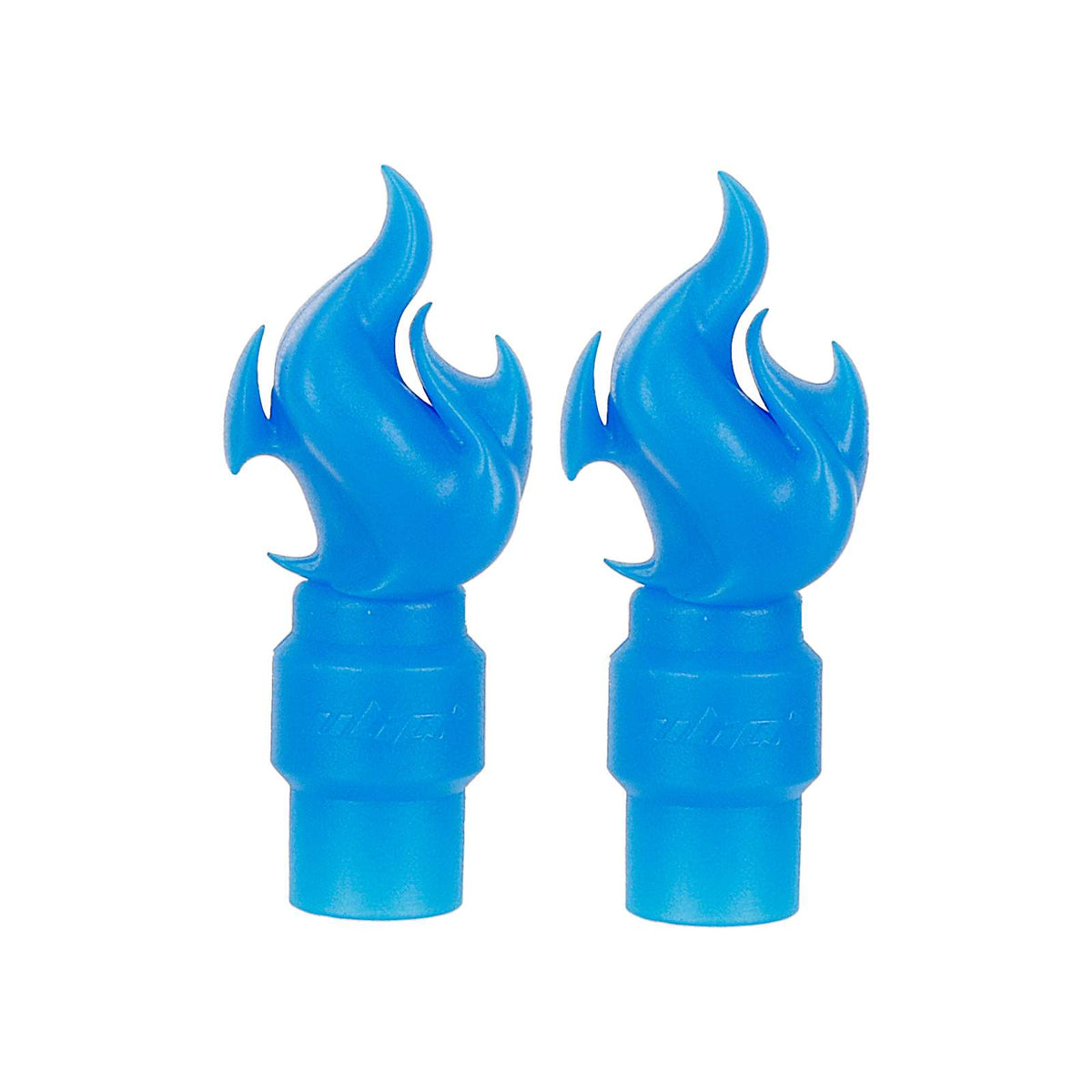 Deux bouchons de valve bleus en forme de flamme