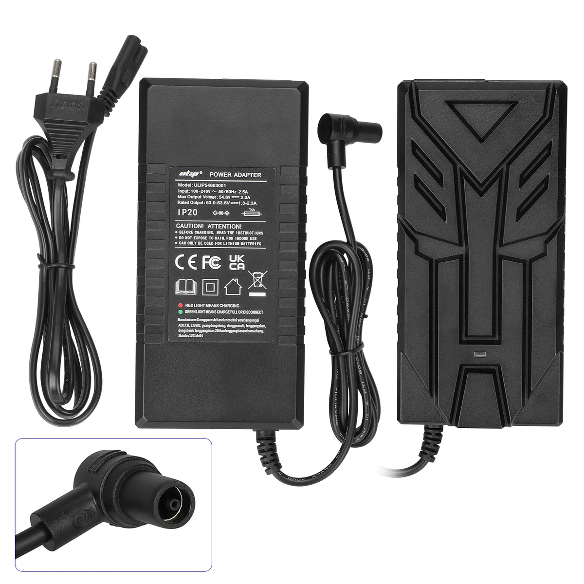 Chargeur de batterie noir 54,6V 2,3A avec câble de secteur UE et connecteur creux coudé