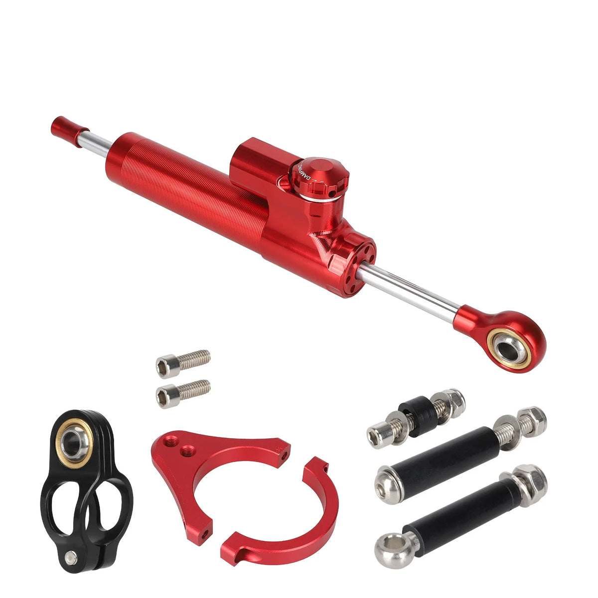 Amortisseur de direction rouge avec kit de fixation et visserie