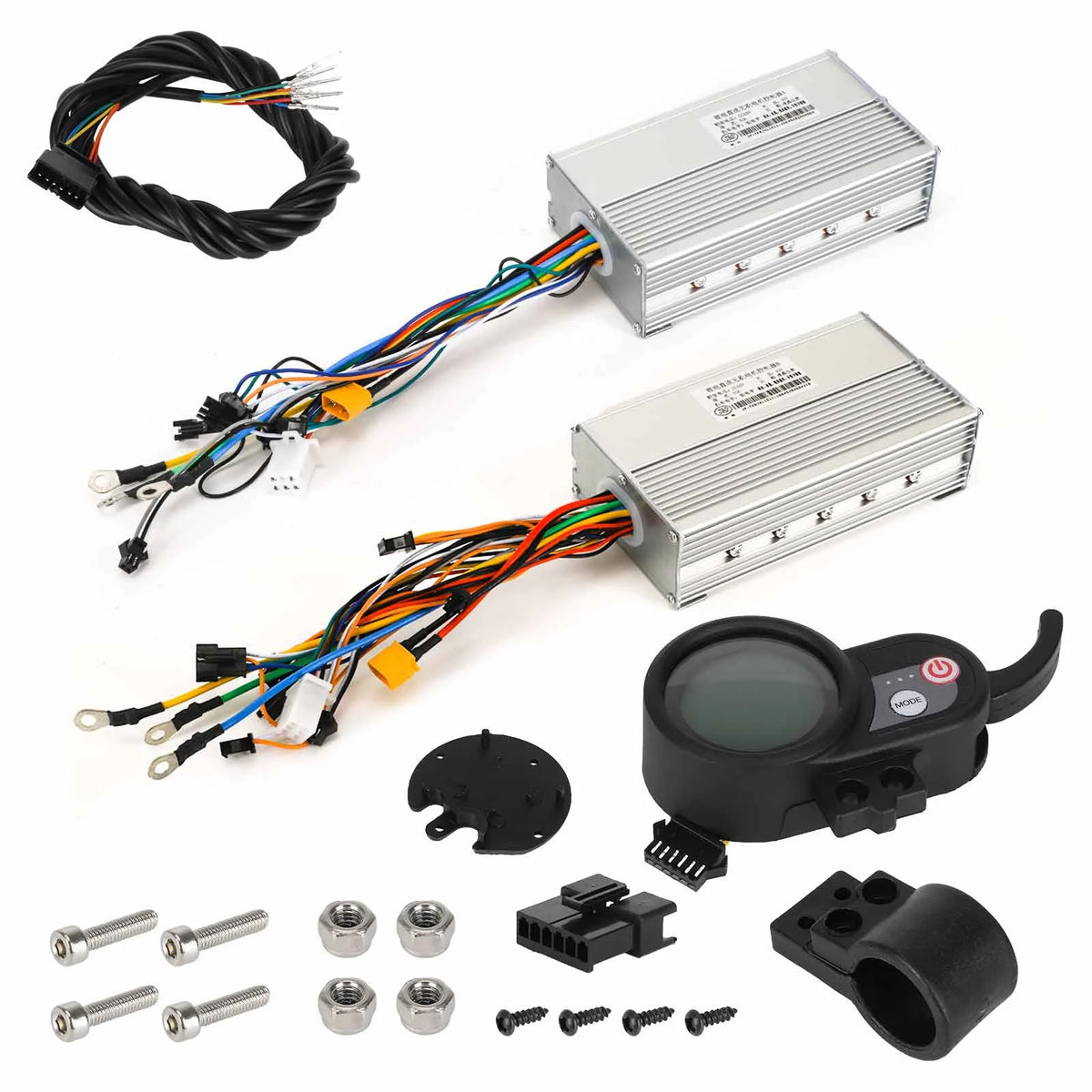 Kit complet comprenant deux contrôleurs 60V 50A, un afficheur LCD noir avec gâchette et le câblage de connexion