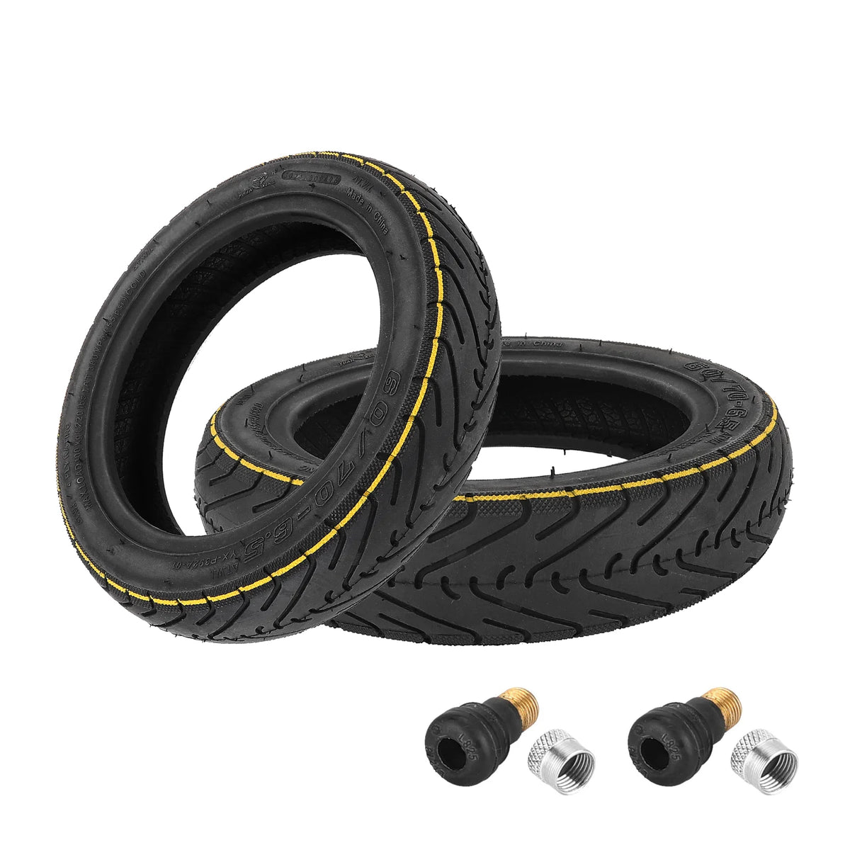Deux pneus tubeless 10 pouces noirs avec liseré jaune et deux valves avec leurs bouchons