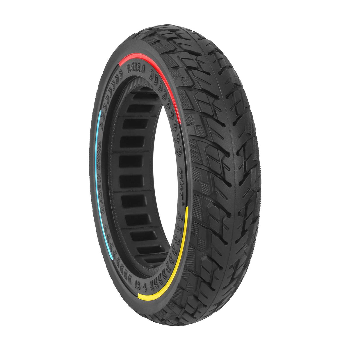 Pneu plein alvéolé 9.5x2.0 pour trottinette électrique avec liserés rouge, jaune et bleu