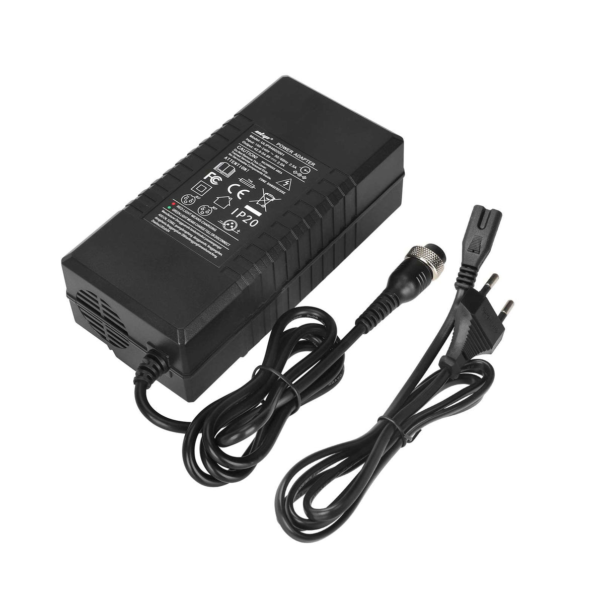 Chargeur 54,6V 2A noir avec câble secteur et embout GX16 à 3 broches