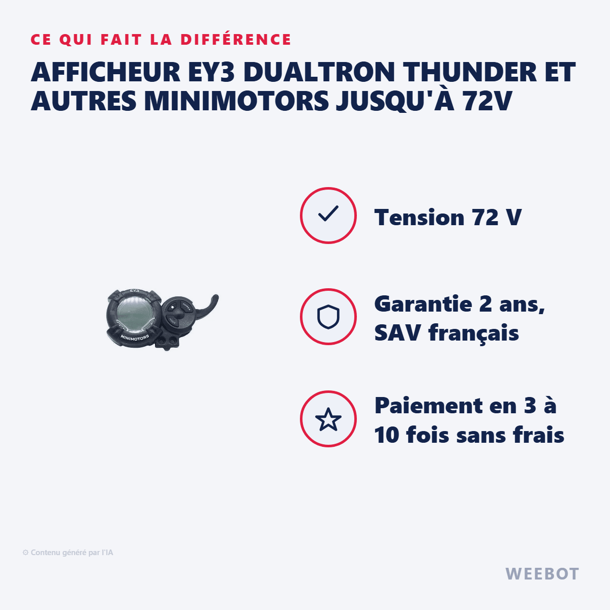 Afficheur EY3 Dualtron Thunder et autres Minimotors jusqu'à 72V (Sans câble) - Weebot